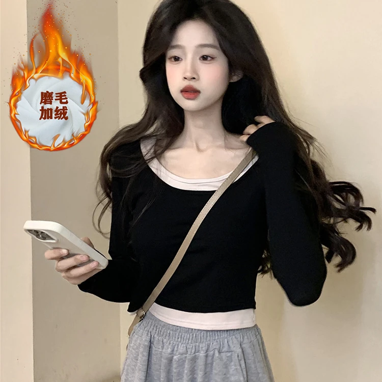 假两件拼接打底衫加厚磨毛女秋冬季修身长袖百搭t恤韩版加绒上衣