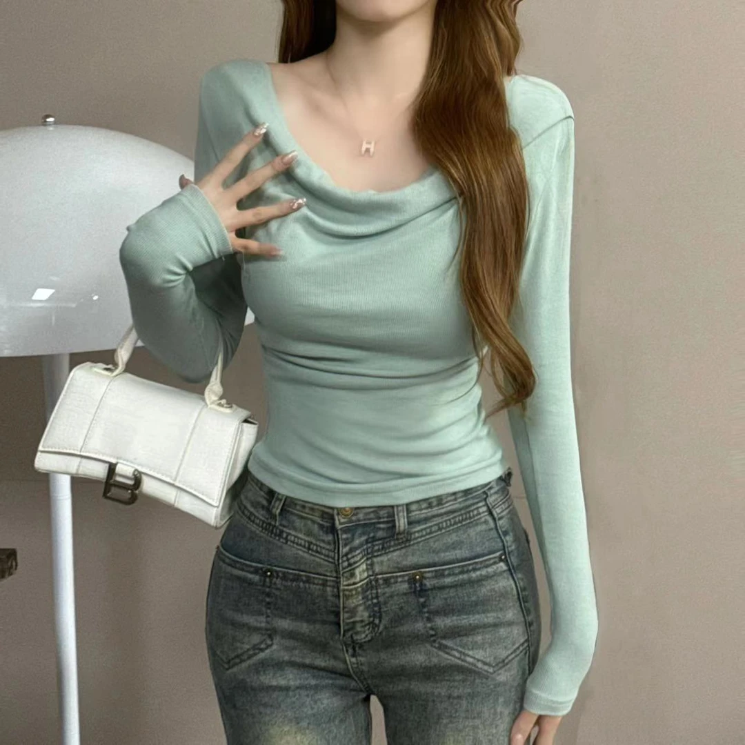 法式气质不规则一字肩秋冬女T恤磨毛加绒保暖辣妹风打底长袖上衣