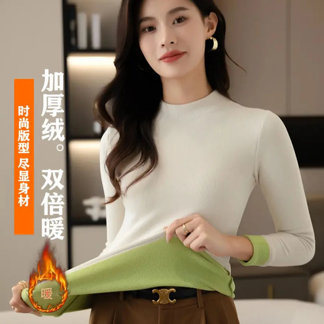 2025秋冬半高领加厚奥粒绒打底衫女士保暖上衣圆领内搭外穿打底女
