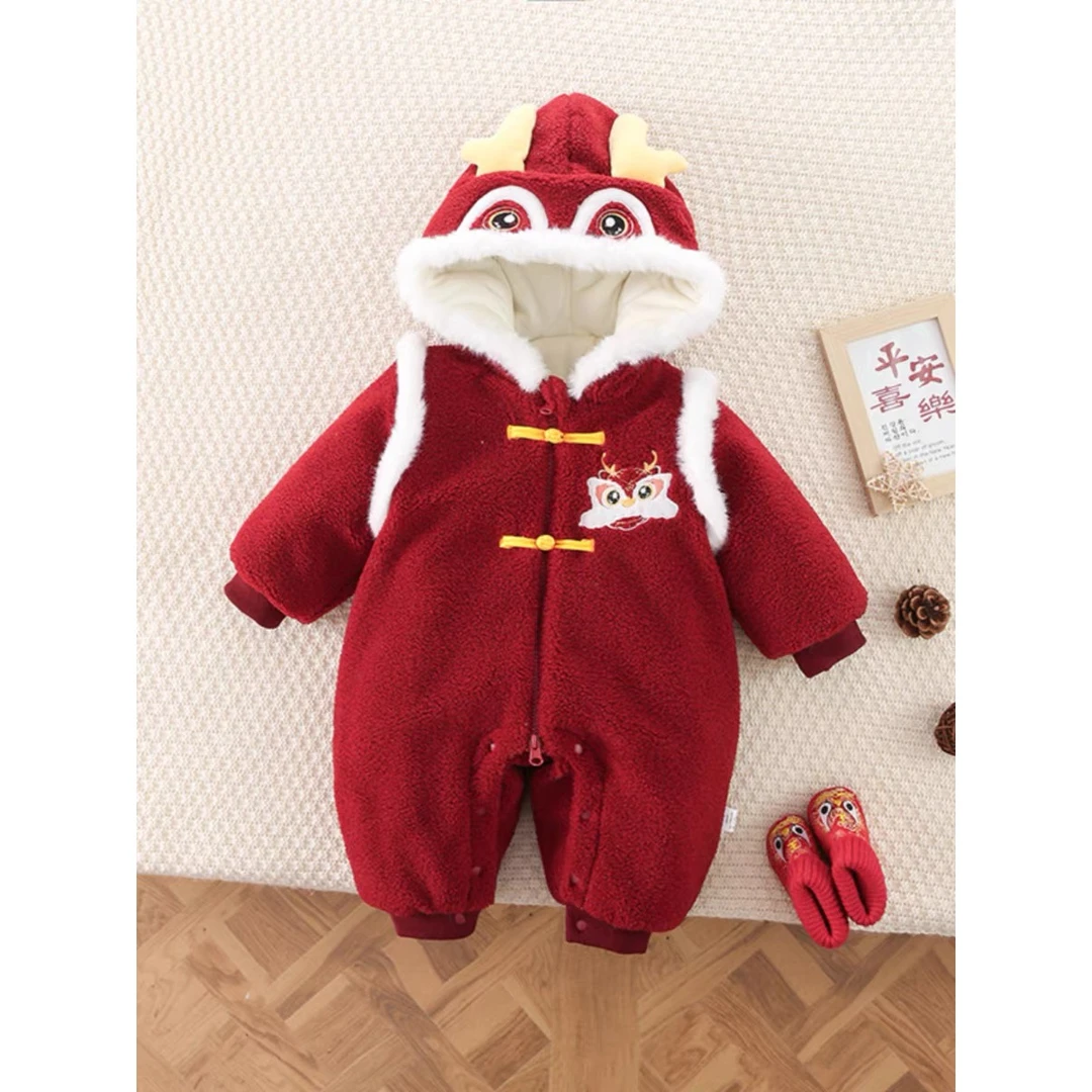 新生儿保暖连体衣冬季婴幼儿红色拜年服满月宝宝加绒加厚连帽爬服