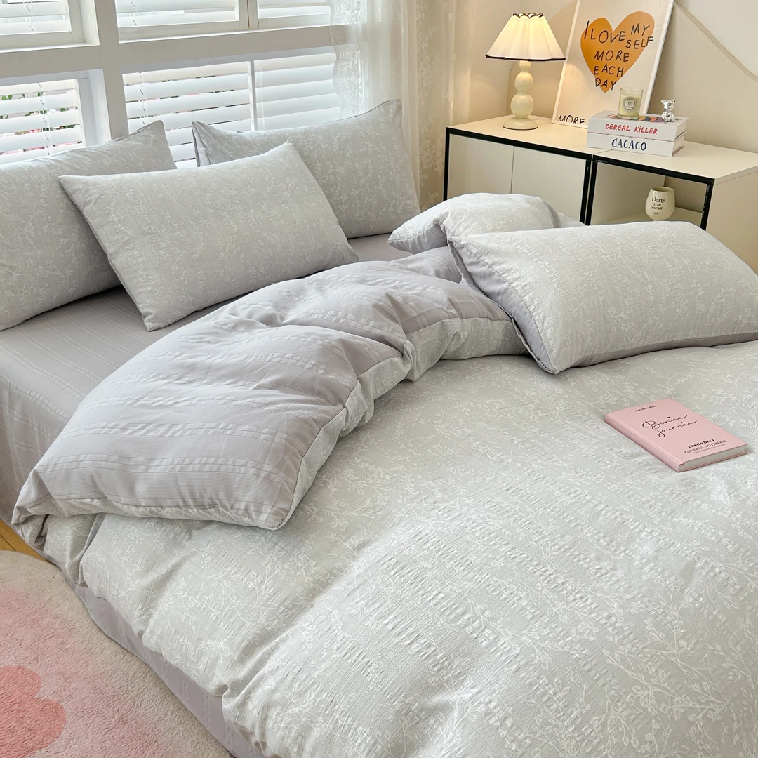 A类有氧提花云朵棉四件套法式简约泡泡棉被套床上用品四季款套件