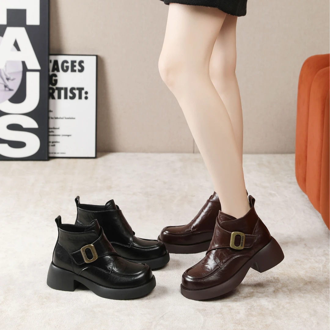 厚底超轻短靴女真皮牛皮短筒靴子圆头粗跟中跟软底软皮显脚小8169