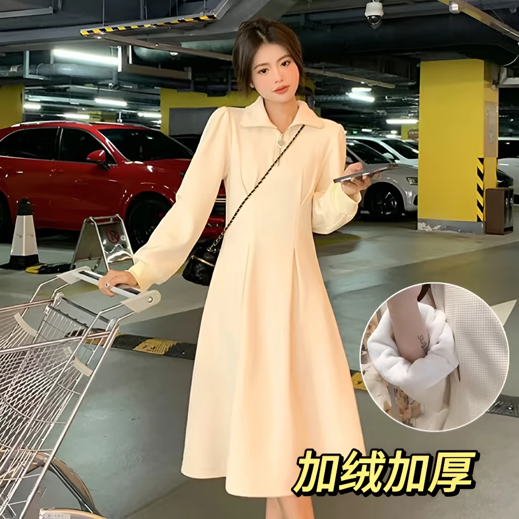 加绒加厚//新款时尚胖mm拉链设计感洋气减龄遮肚秋冬季长袖连衣裙