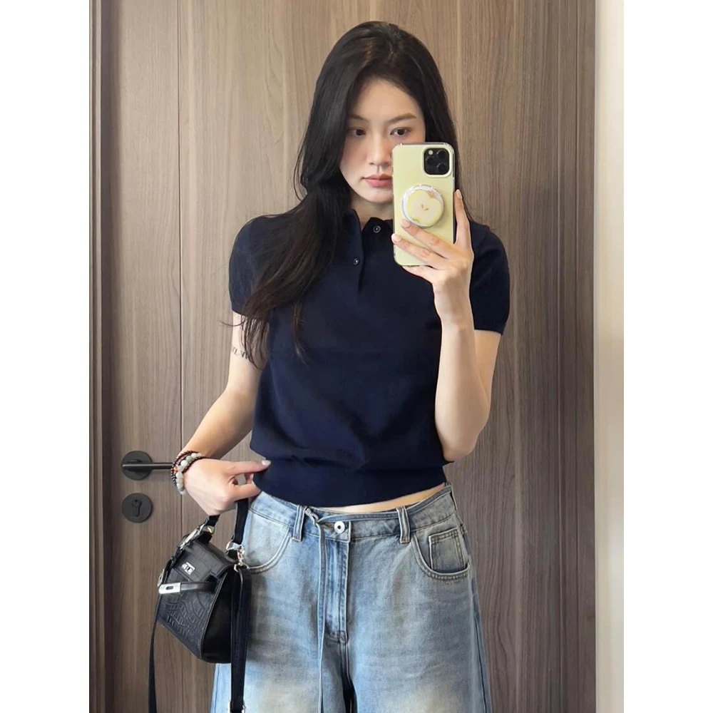 藏青色冰丝针织短袖上衣女夏季2024新款百搭休闲显瘦短款polo衫