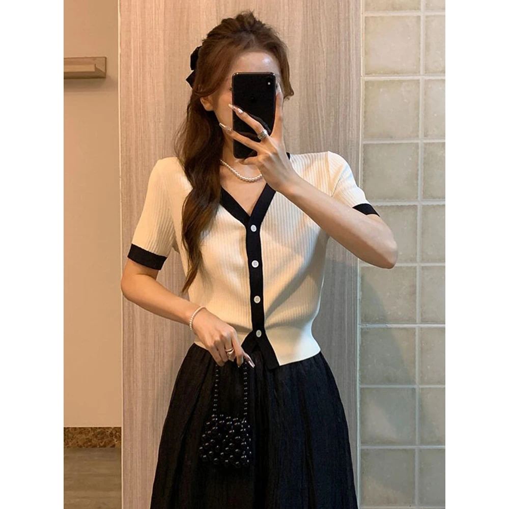 小香风撞色V领针织开衫短袖女夏季2024新款修身显瘦收腰冰丝上衣