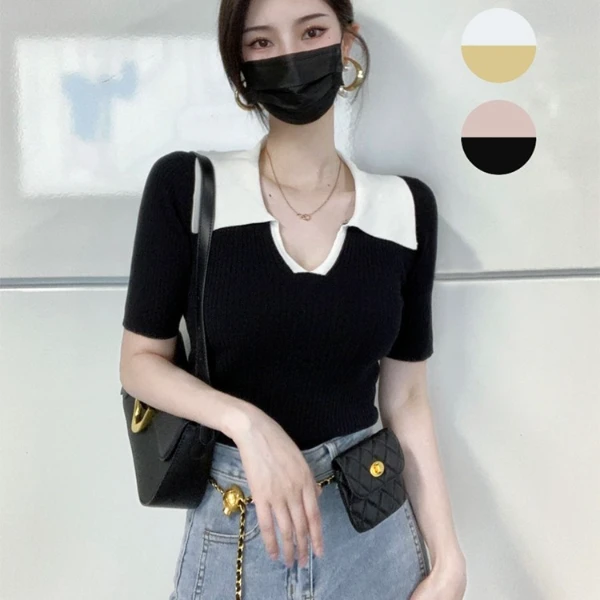 法式polo领针织短袖t恤女夏设计感小众修身显瘦短款高腰正肩上衣