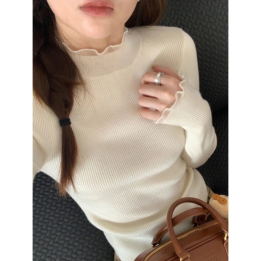 木耳边半高领针织打底衫女秋冬设计感修身显瘦长袖软糯内搭上衣