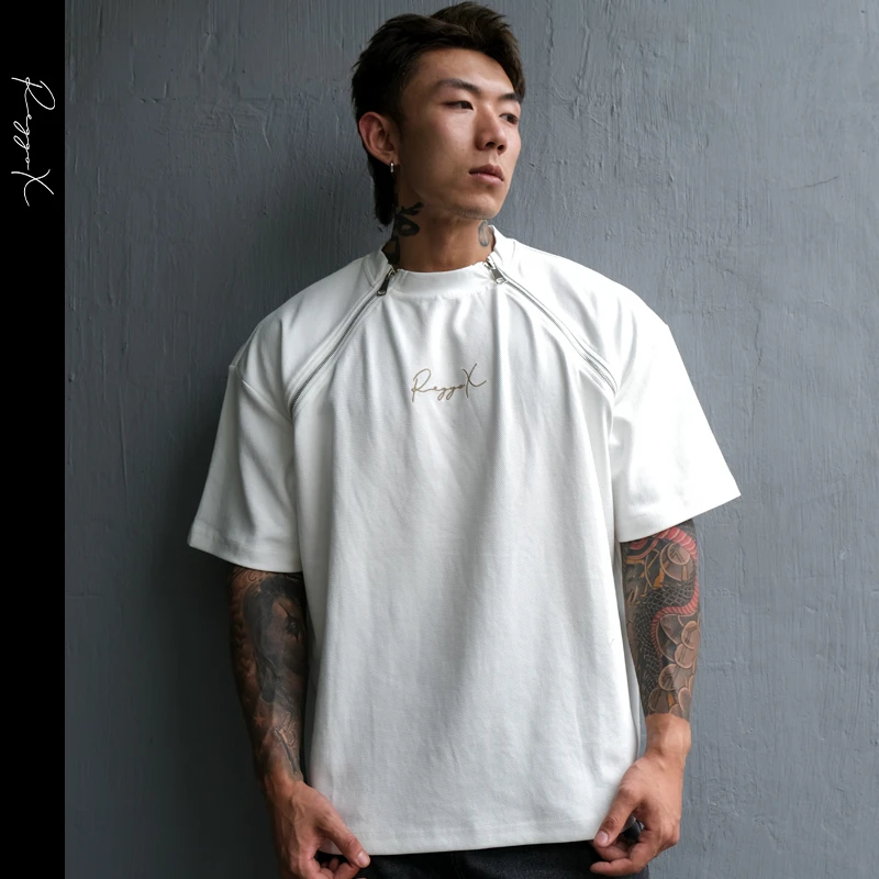 ReggoX美式廓形纯棉重磅斜纹面料舒适透气可调节双拉链短袖夏季