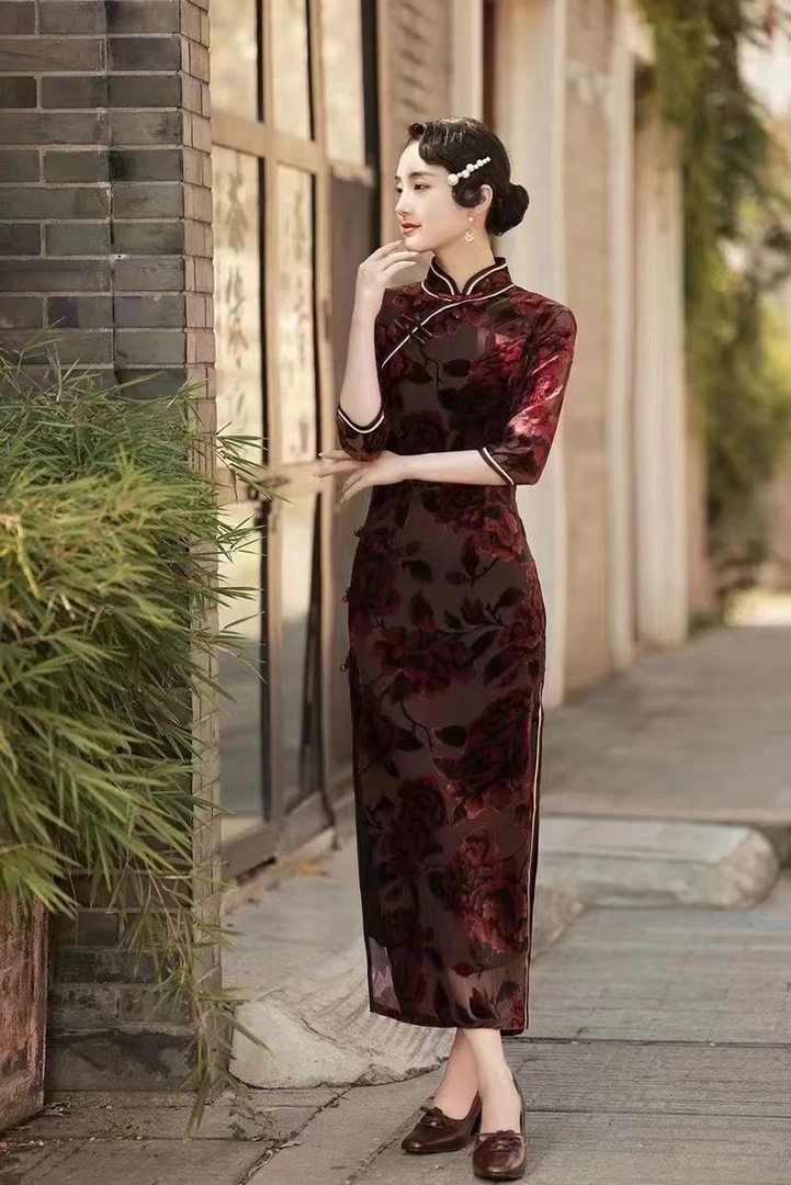 小码复古中式刺绣款修身旗袍 显瘦气质日常优雅中长款中长款