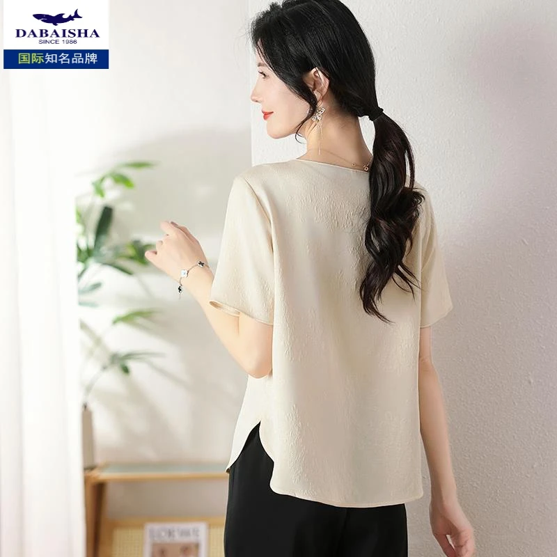 妈妈休闲短袖U领T恤衫中老年女装通勤风简约半袖小衫正肩宽松上衣