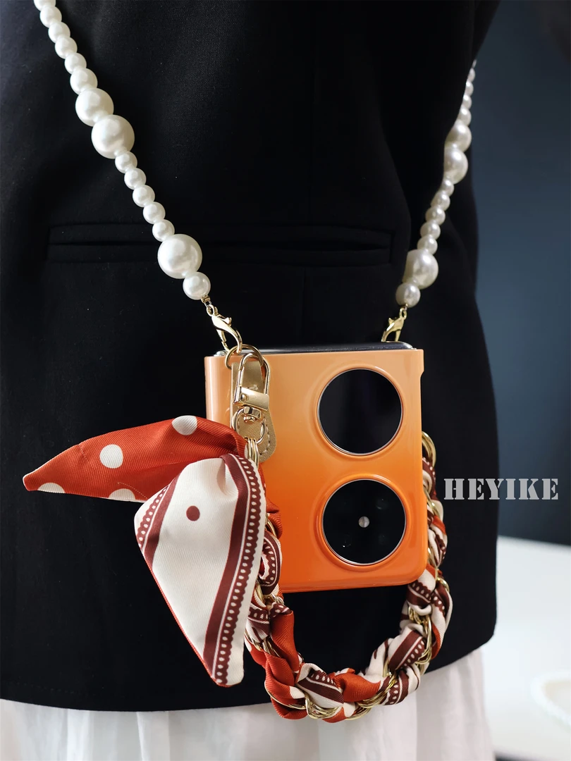 高级感橙色斜挎华为Pocket2丝巾手机壳折叠p60pocketS超薄烤漆女