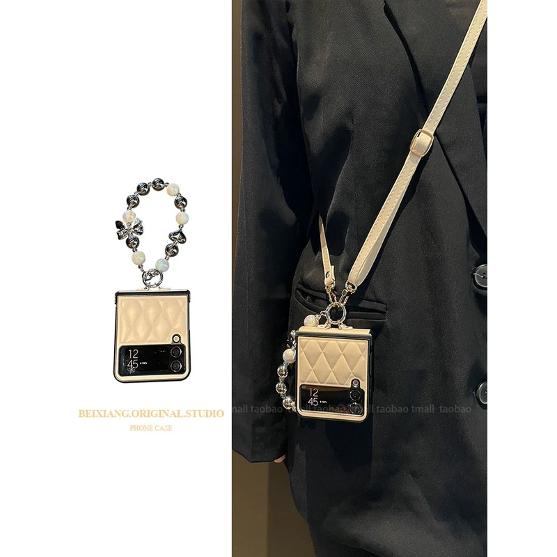 小香风轻奢米白菱格皮质适用三星zflip5 6 手机壳全包铰链折叠屏