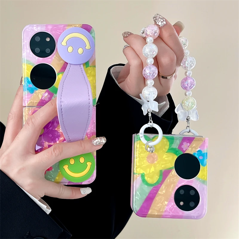 ins泫雅花朵彩色折叠手机壳适用华为P50 PocketS全包软壳防摔手链