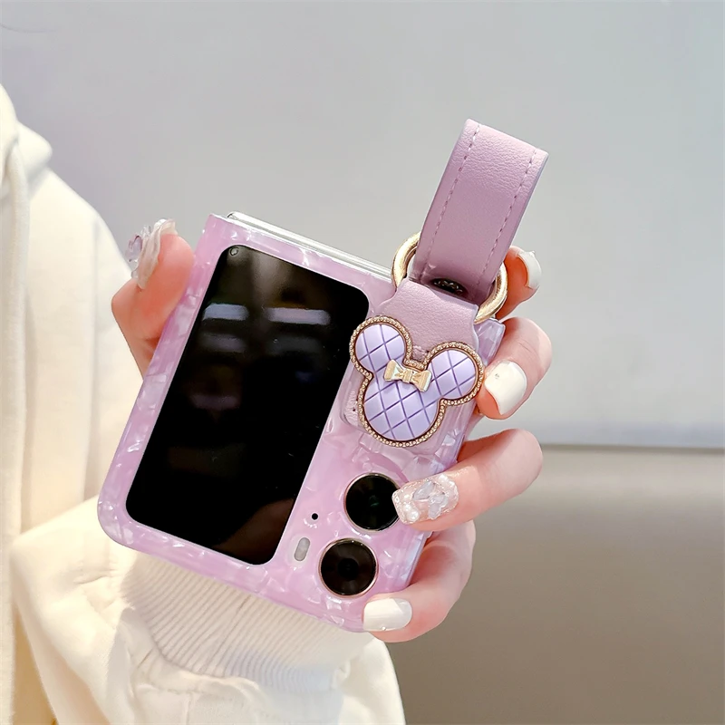 米奇白色贝壳纹适用OPPOFindn2Flip折叠手机壳高档个性腕带支架女