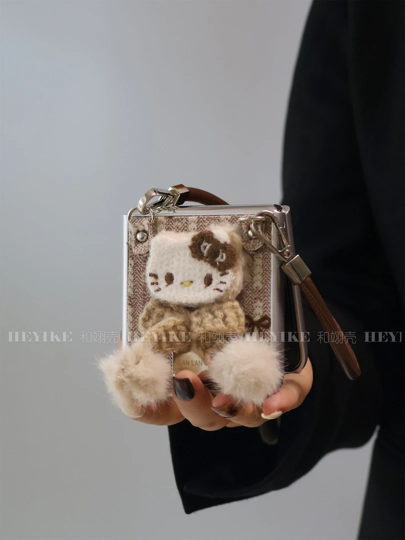 韩系卡其毛绒KT适用小米mixflip手机壳折叠华为pocket2保护套手提