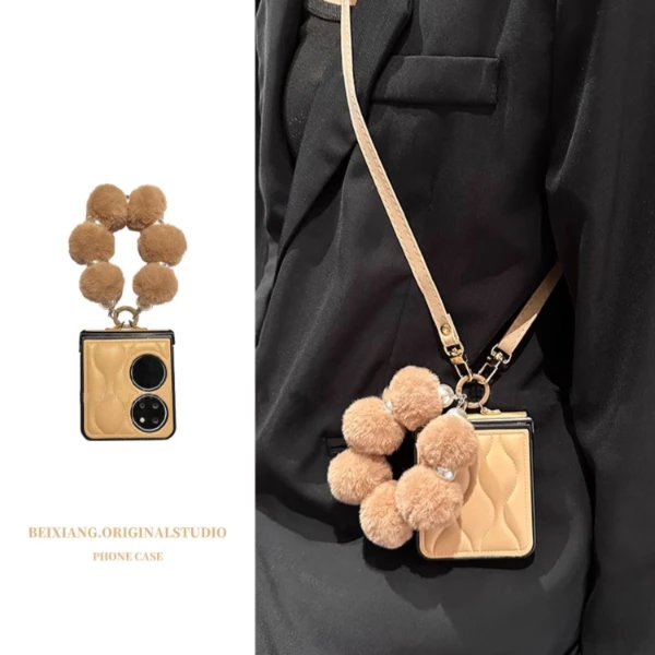 高级感卡其羽绒服毛绒华为pockets手机壳p60pocket折叠屏保护套女