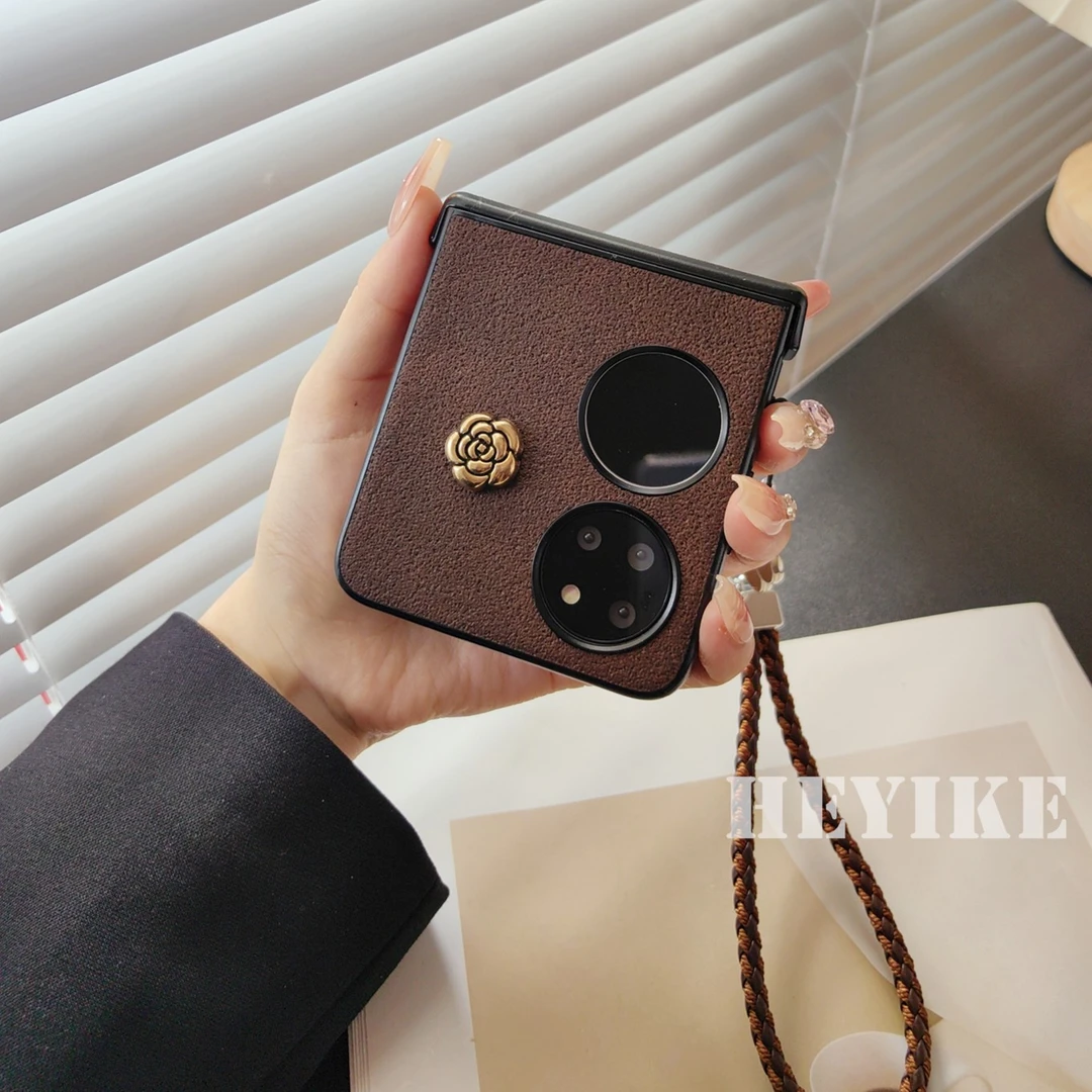 秋冬复古棕皮纹山茶花适用华为pockets手机壳P50折叠女高档保护套