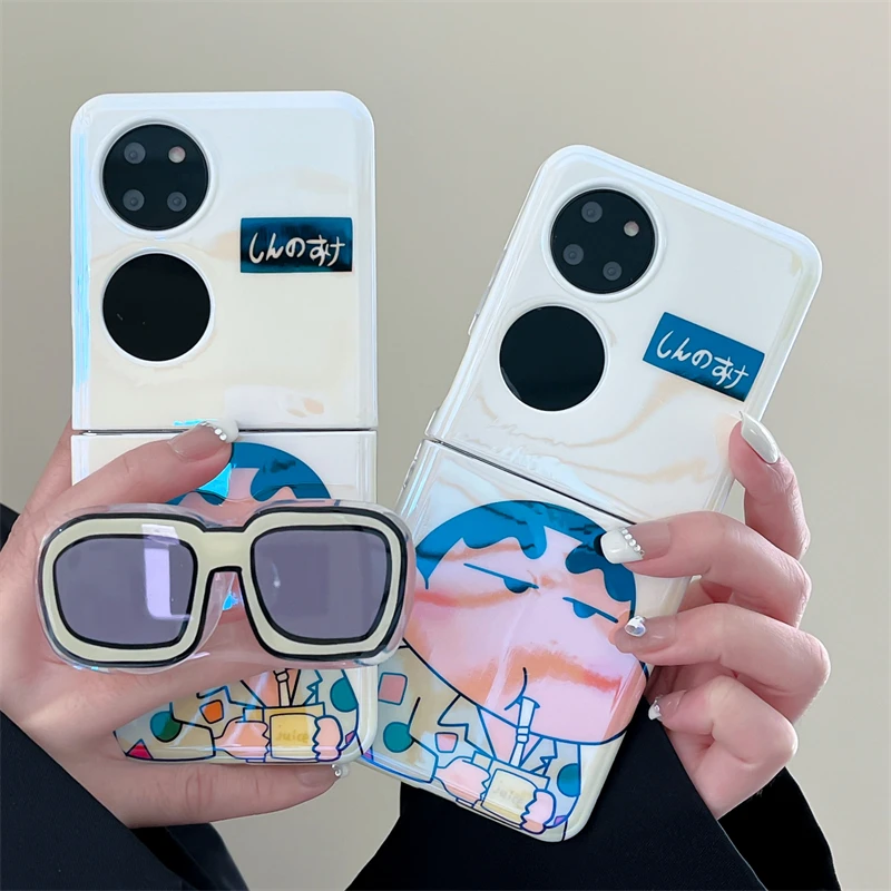 墨镜蜡笔小新折叠手机壳适用华为Pocket2翻盖P50支架全包软壳