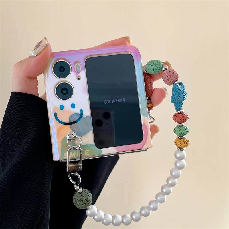 高级感蓝光笑脸插画折叠手机壳适用oppofindn2flip爱心手链创意