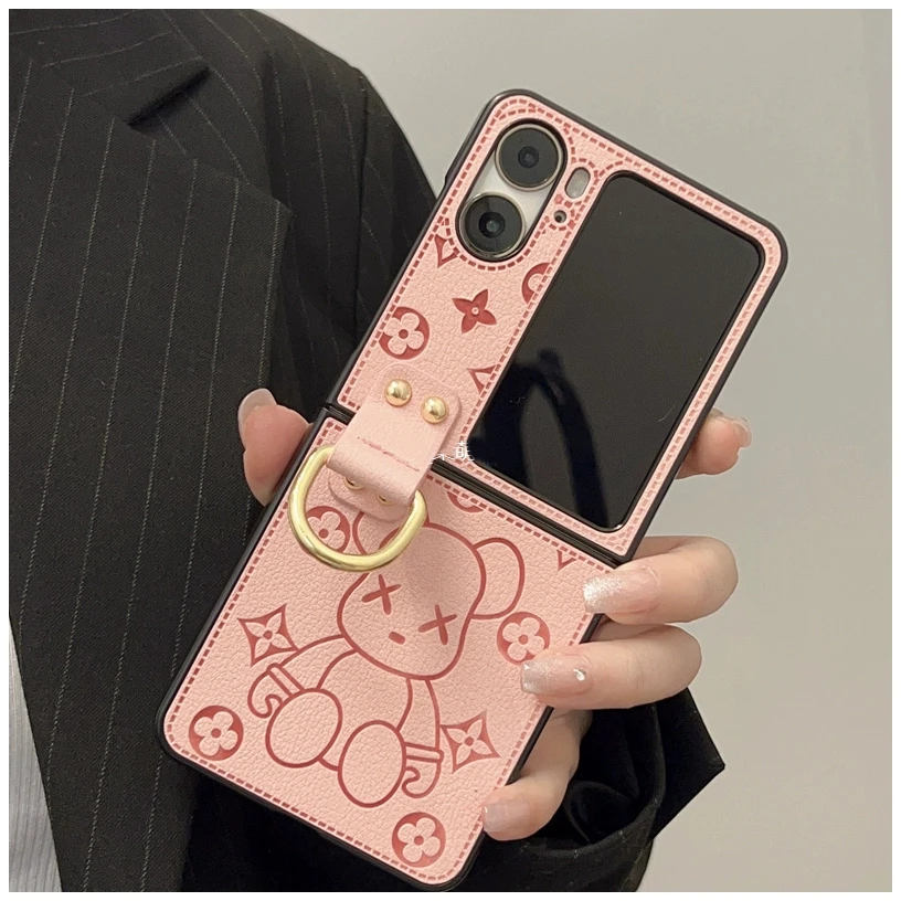 潮牌熊指环扣适用OPPO Findn3Flip手机壳高级感皮纹手提防摔情侣