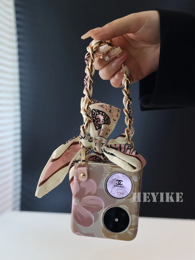 新款复古夏花适用小米mixflip2手机壳斜挎华为Pocket2丝巾手提粉