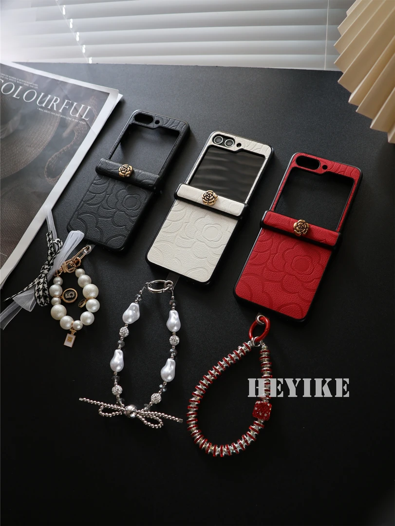 新年高级感皮纹红色山茶花三星Zflip5手机壳w23flip折叠女保护套