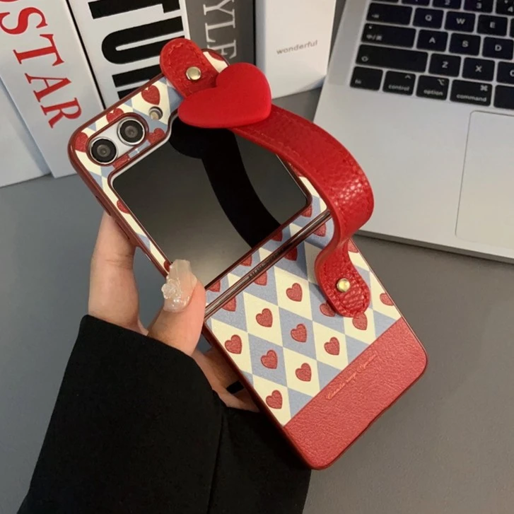 ins格纹红色爱心适用于三星zflip5手机壳zflip4折叠屏3代网红女款