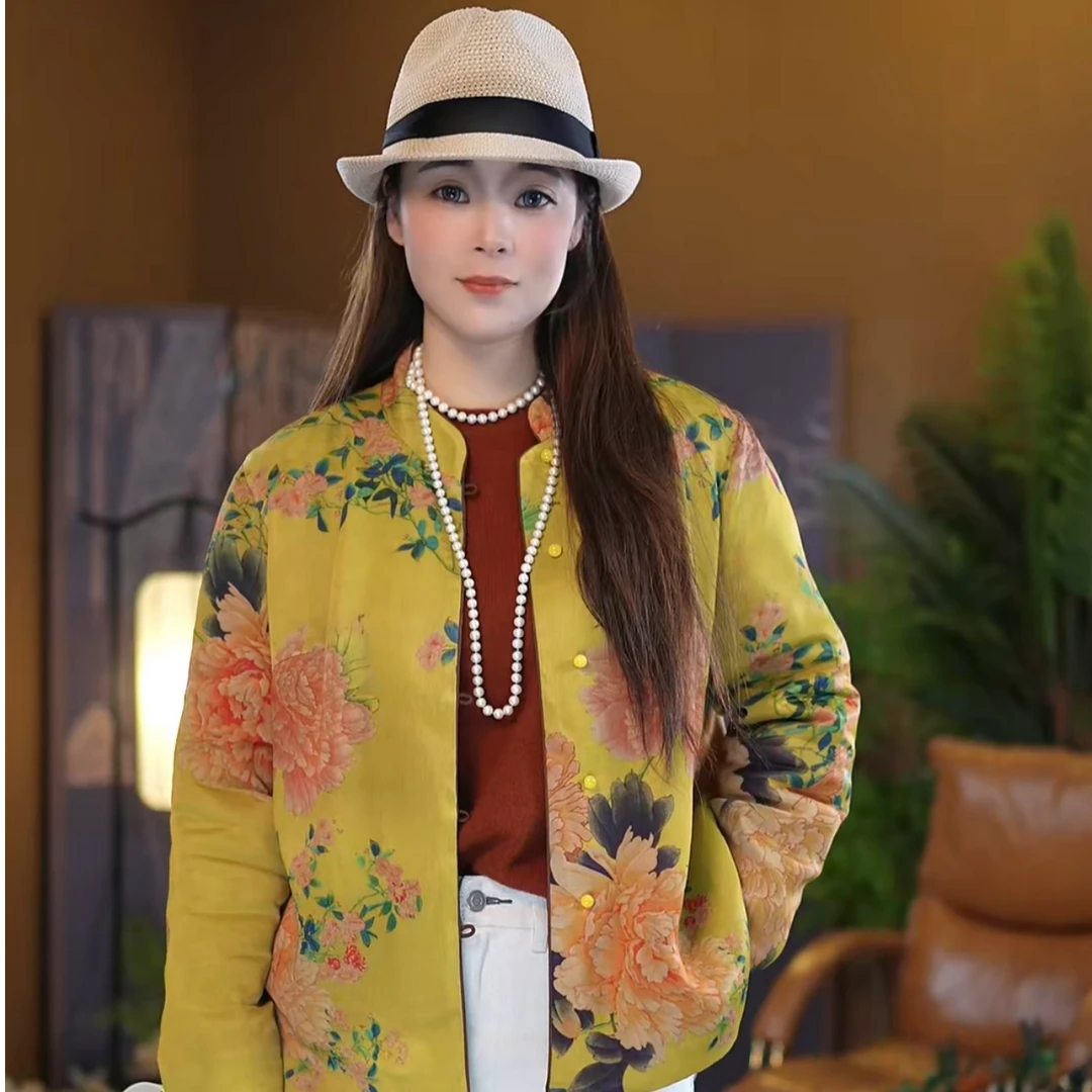 【苏唐韵】芳华金牡丹外套 香云纱桑蚕丝保暖雍容华贵棉袄