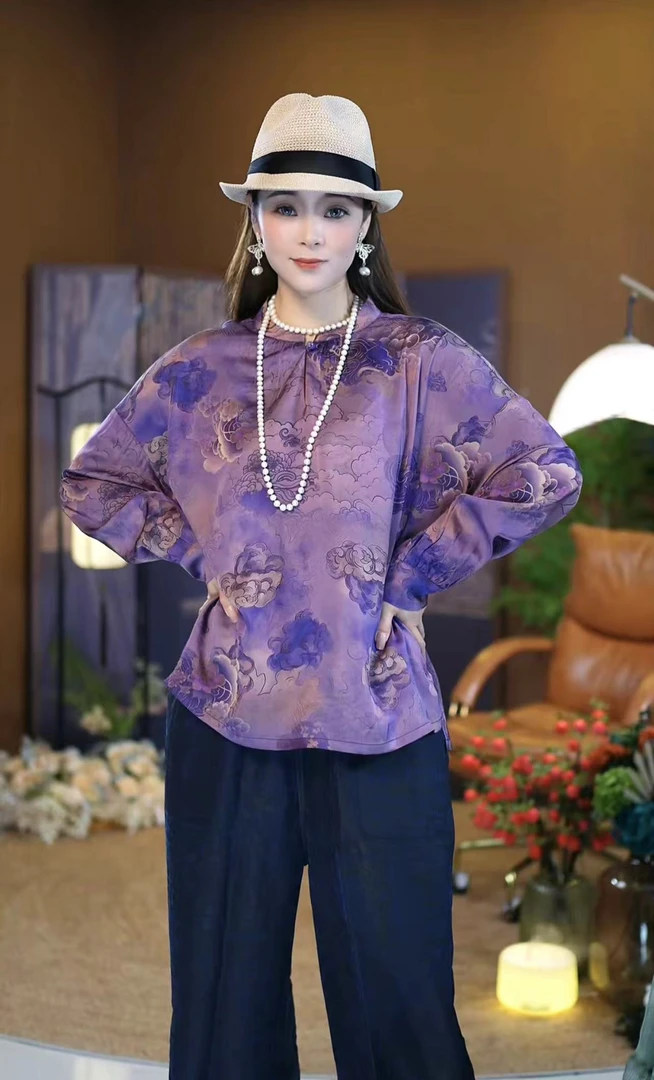 早秋新款 传统紫藤色长袖上衣 香云纱桑蚕丝尊贵高雅一抹紫