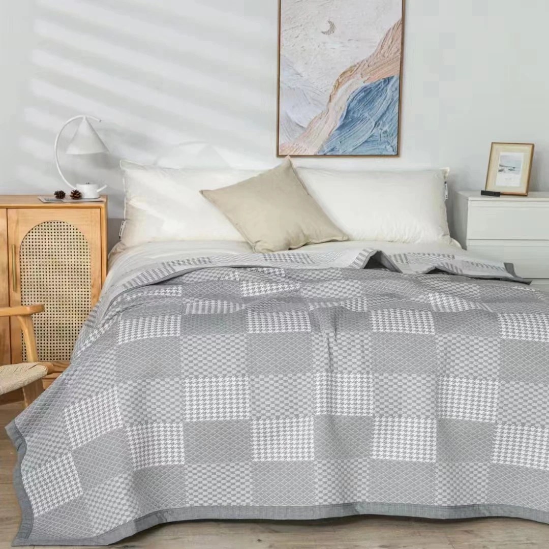 【日贸 九宫千鸟格灰色】2x2.3米 精梳棉纱布双人床盖毯（可铺可盖）