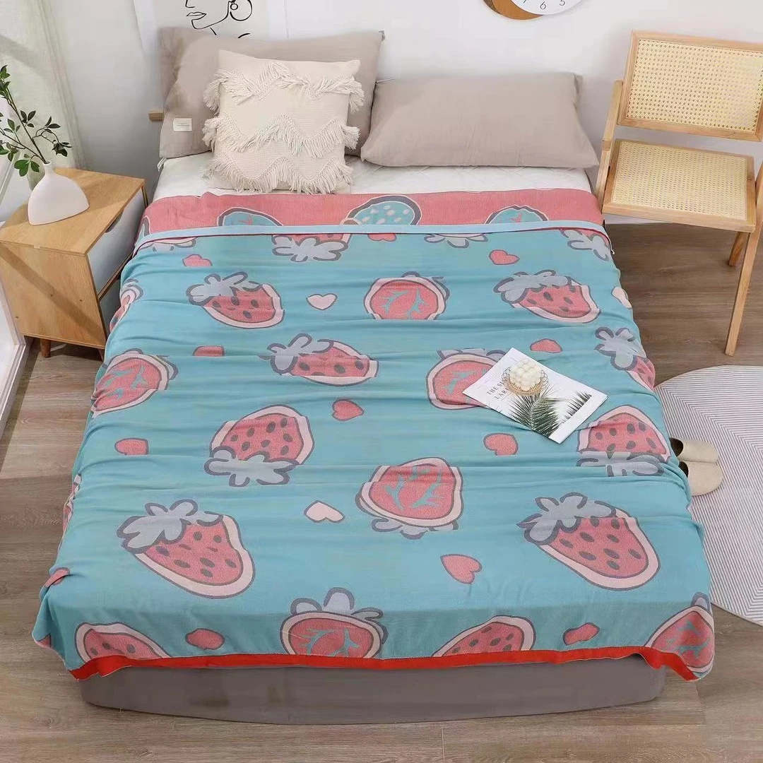 【蓝色草莓】1.5x2米双层竹纤维纱布冷感毯单人夏季盖毯