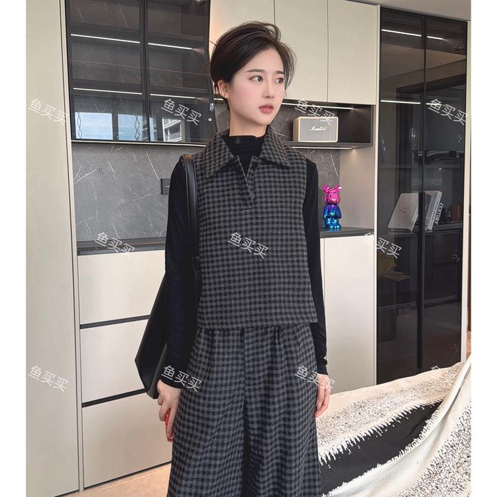 【断码清】冬季羊毛三件套#3262减龄格子马甲打底衫阔腿裤时尚套装