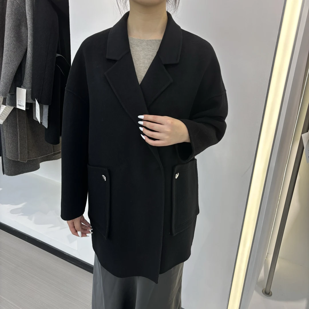 毛呢翻领秋冬双面呢大衣气质时尚休闲百搭黑色羊绒中长款67950