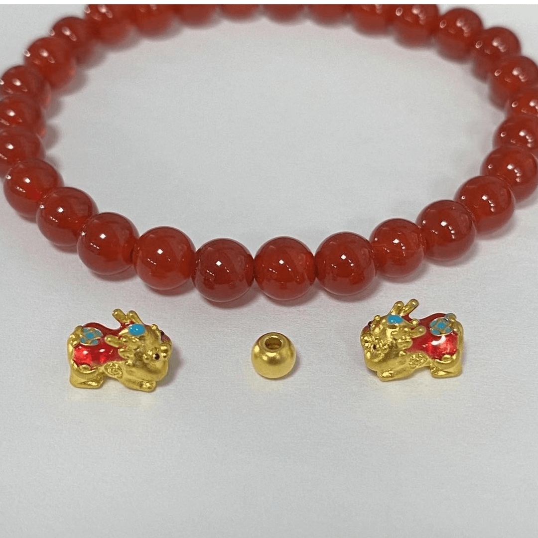 足金2个貔貅+4颗卡4古法  红色手串 @A111 多样性发