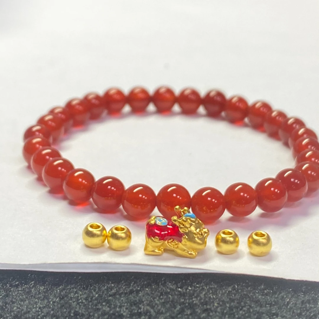 足金大貔貅宝宝+4颗卡4古法红色手串@A111-1