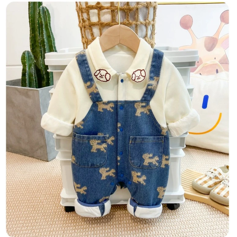 春款婴儿衣服男女宝宝连体衣春秋满月百天牛仔哈衣超萌爬服外出服