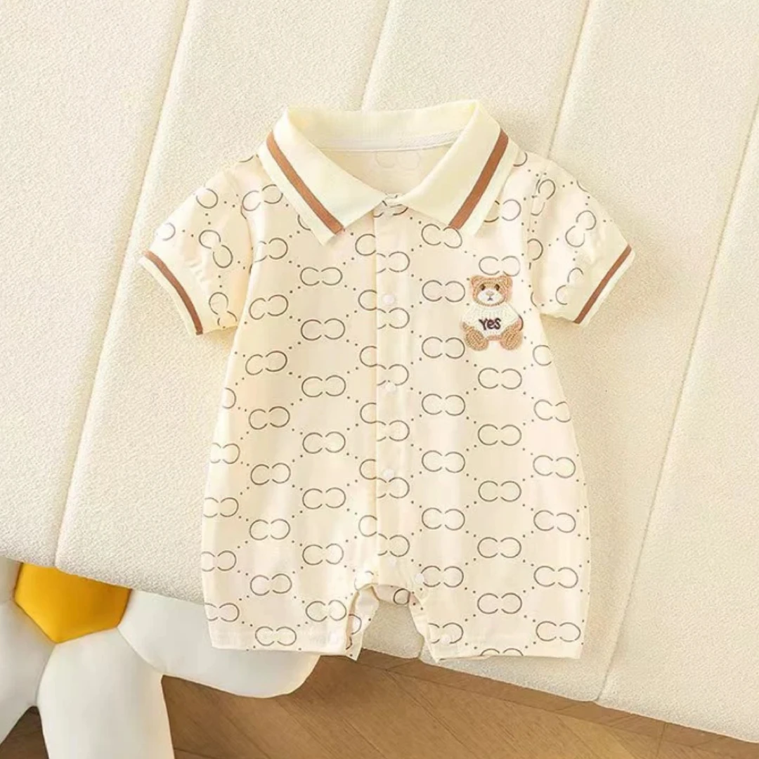 婴儿夏装连体衣运动风翻领纯棉短袖薄款外出新生儿男宝宝可爱哈衣