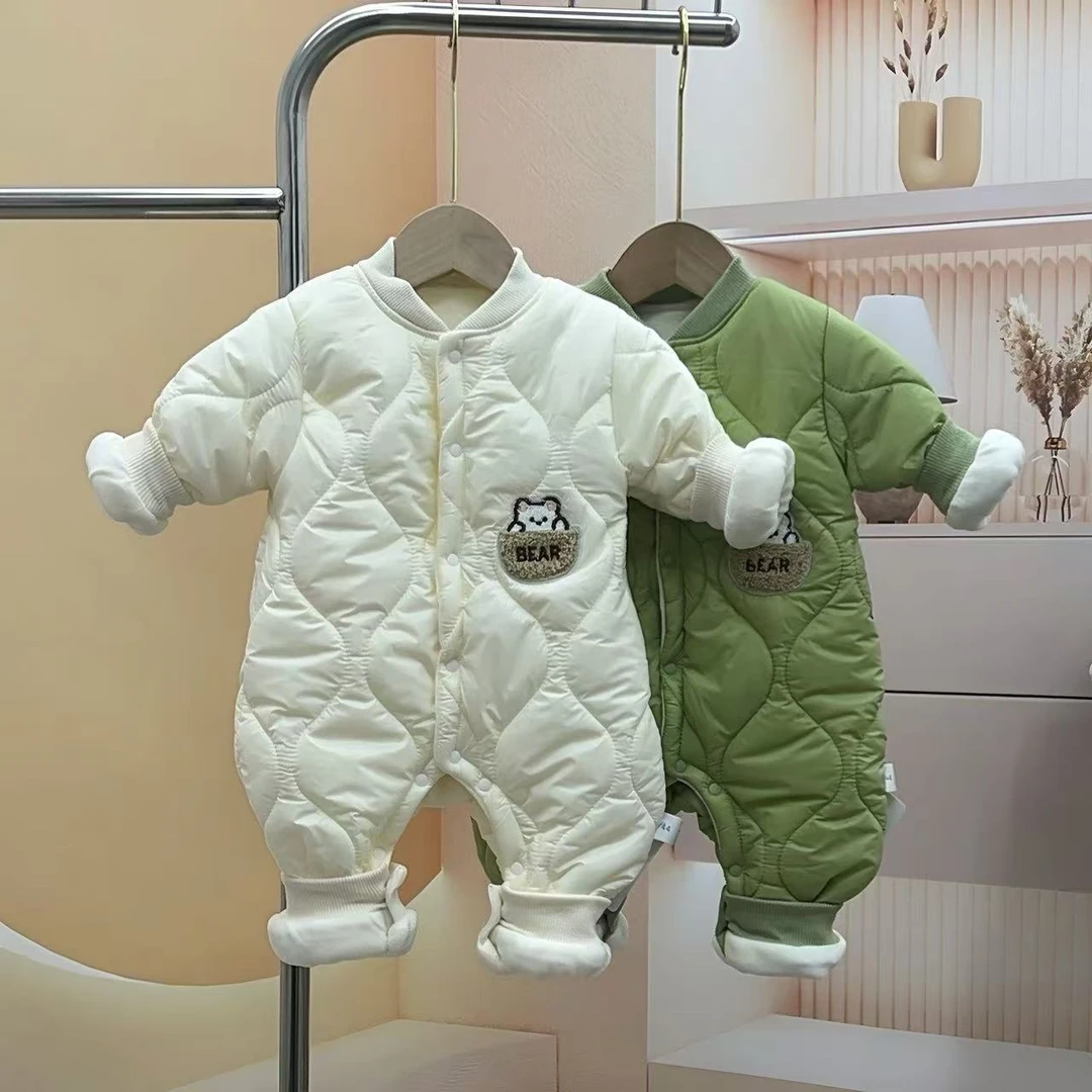 新生儿衣服秋冬新款加棉哈衣外出服宝宝薄棉加绒连体衣