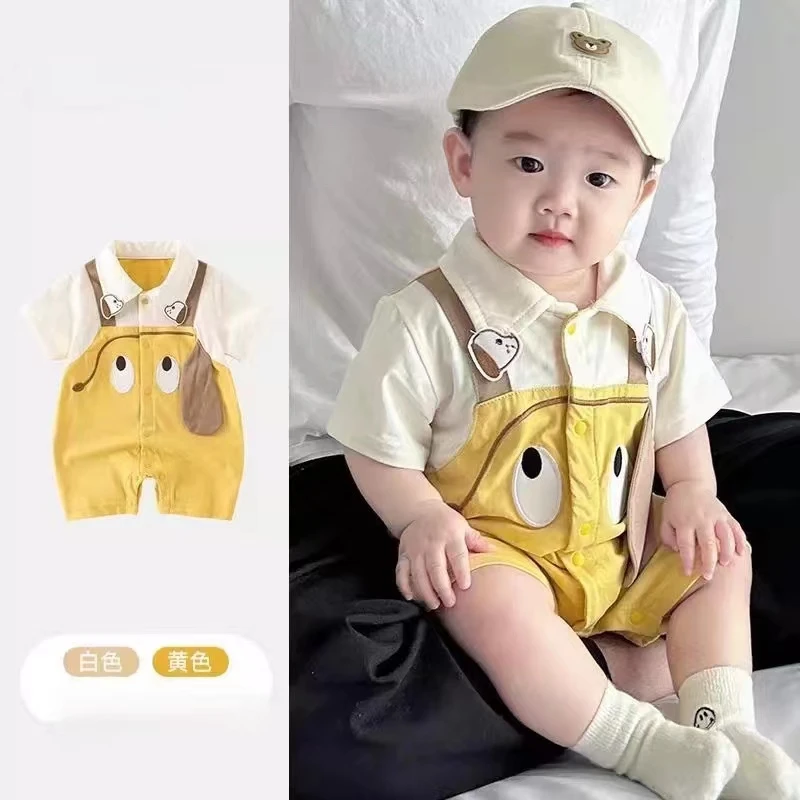 婴儿夏季薄款连体衣假两件新生儿衣服半袖男宝宝哈衣卡通短袖帅气