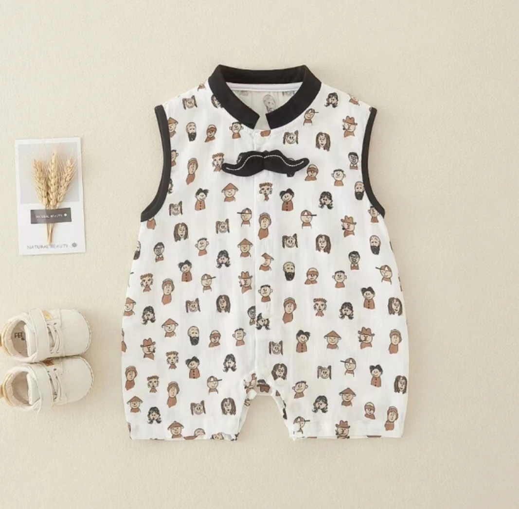 婴儿夏季连体衣男宝宝卡通满印韩版哈衣新生儿满月无袖夏装外出服