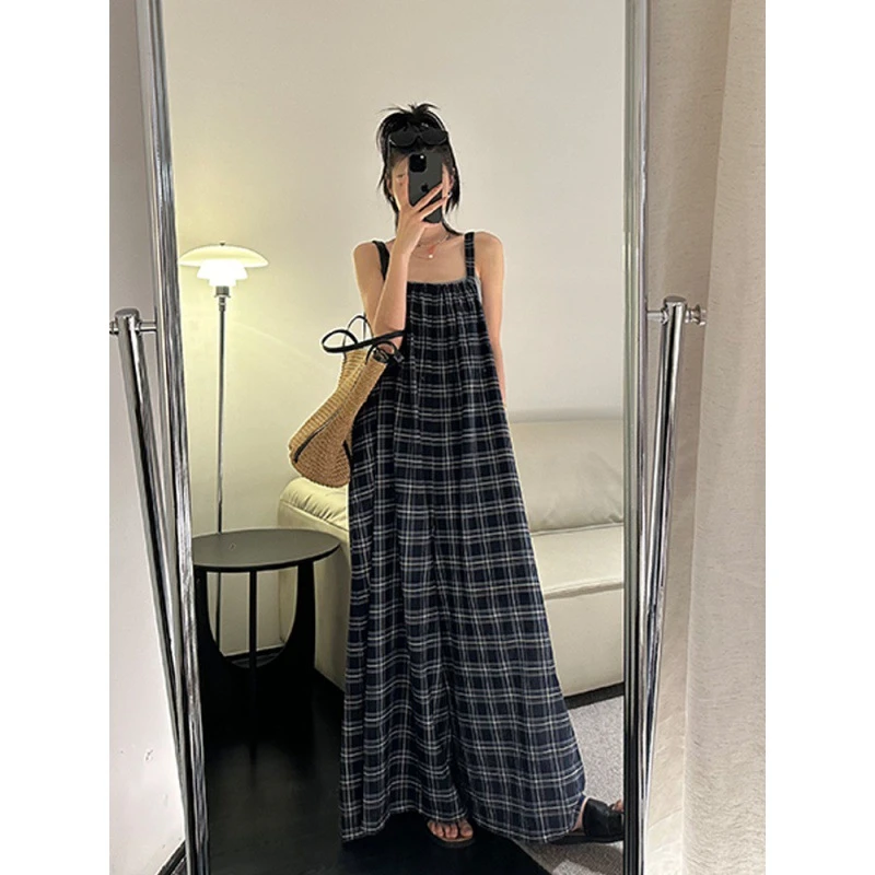 法式格子方领吊带连体裤裙女夏季宽松复古气质显瘦阔腿长裤背带裤