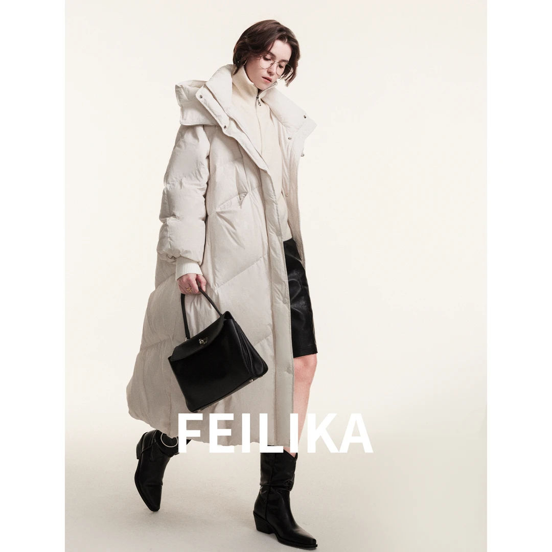 FEILIKA【雾凇雪山】白色长款白鸭绒羽绒服女冬季过膝加厚保暖外套