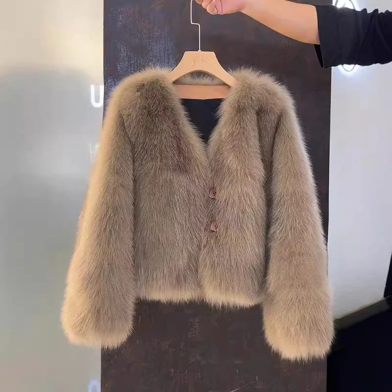 美拉德秋冬厚外套仿狐狸毛大衣短款小个子韩版轻奢气质毛毛外套女