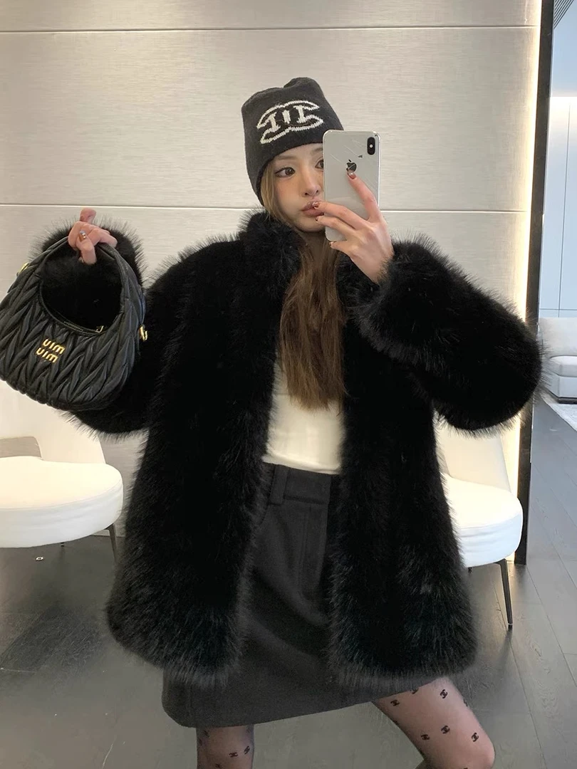 高级感秋冬厚外套时尚气质中长款毛绒大衣加厚宽松立领毛毛外套女