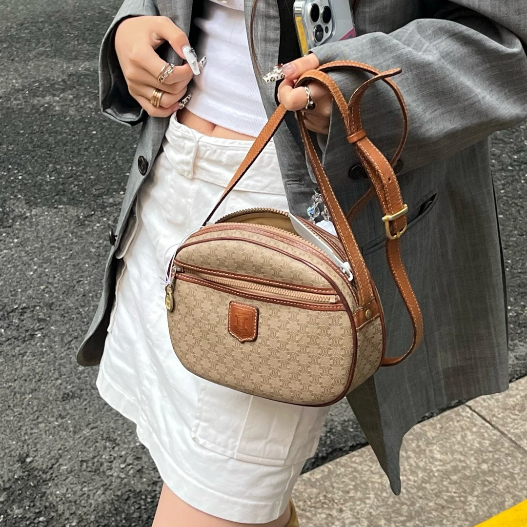 95新 Celine/思琳 苹果包老花斜挎包/0981经典轻奢休闲卡其色单肩