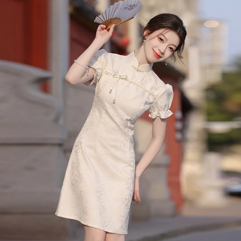 短款旗袍新款2024年轻款少女夏季法式小个子显高提花改良连衣裙夏