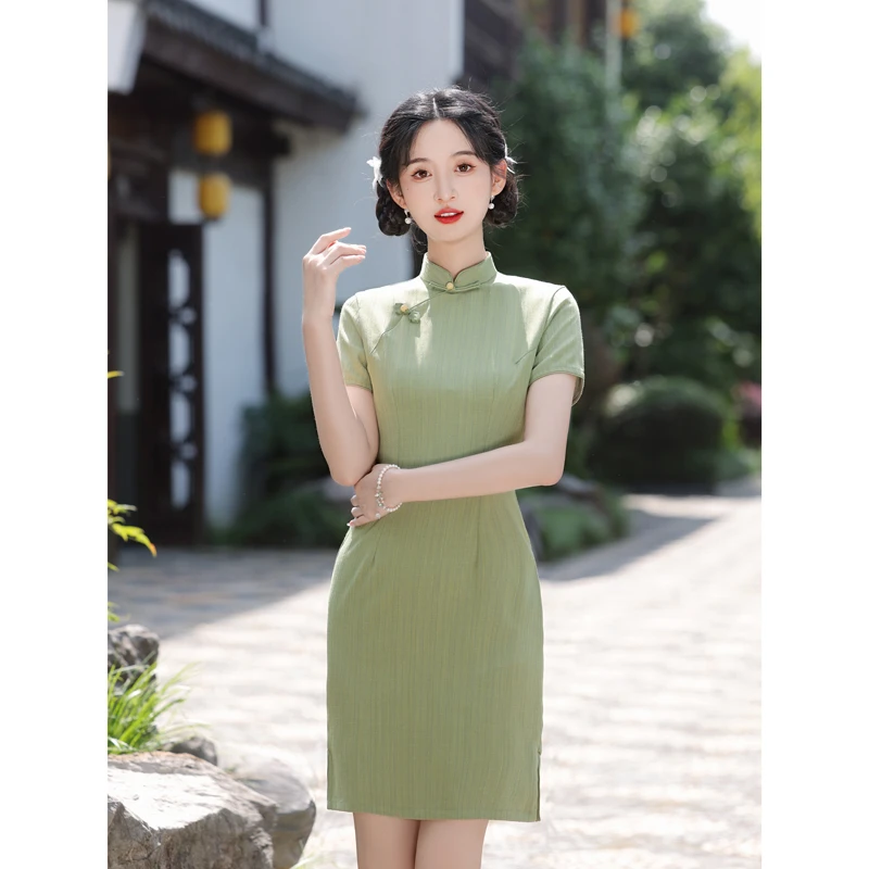 绿色送考高考旗袍2025年夏季新款改良版中国风连衣裙修身显瘦短款