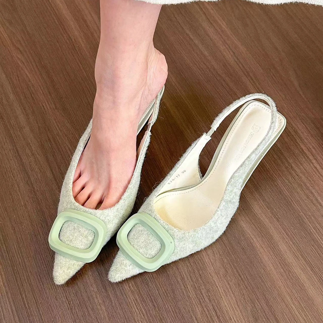 elingstudio 春日水雾绿！尖头方扣高跟凉鞋女2024半包头后空单鞋