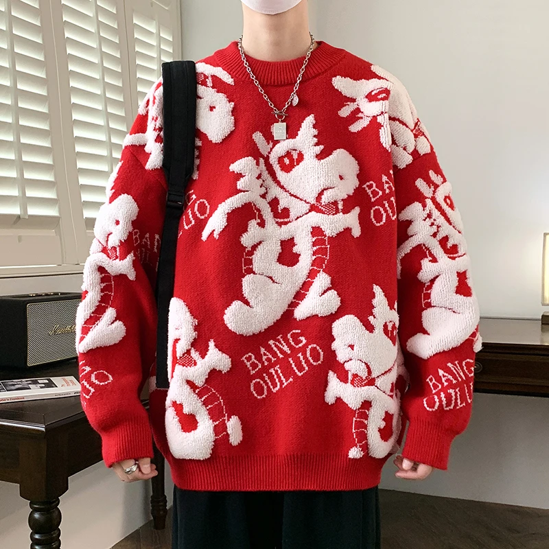 啄木鸟龙年本命年新款红色慵懒过年秋冬毛衣新款宽松情侣上衣男女