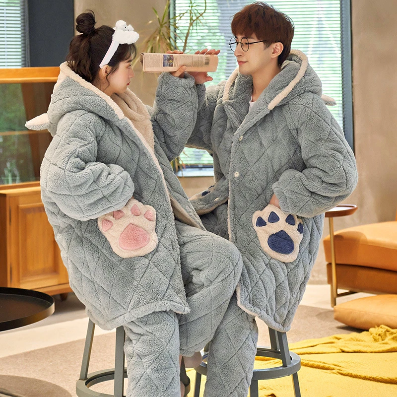 啄木鸟情侣睡衣女秋冬款三层夹棉加厚加绒棉袄男士家居服套装保暖